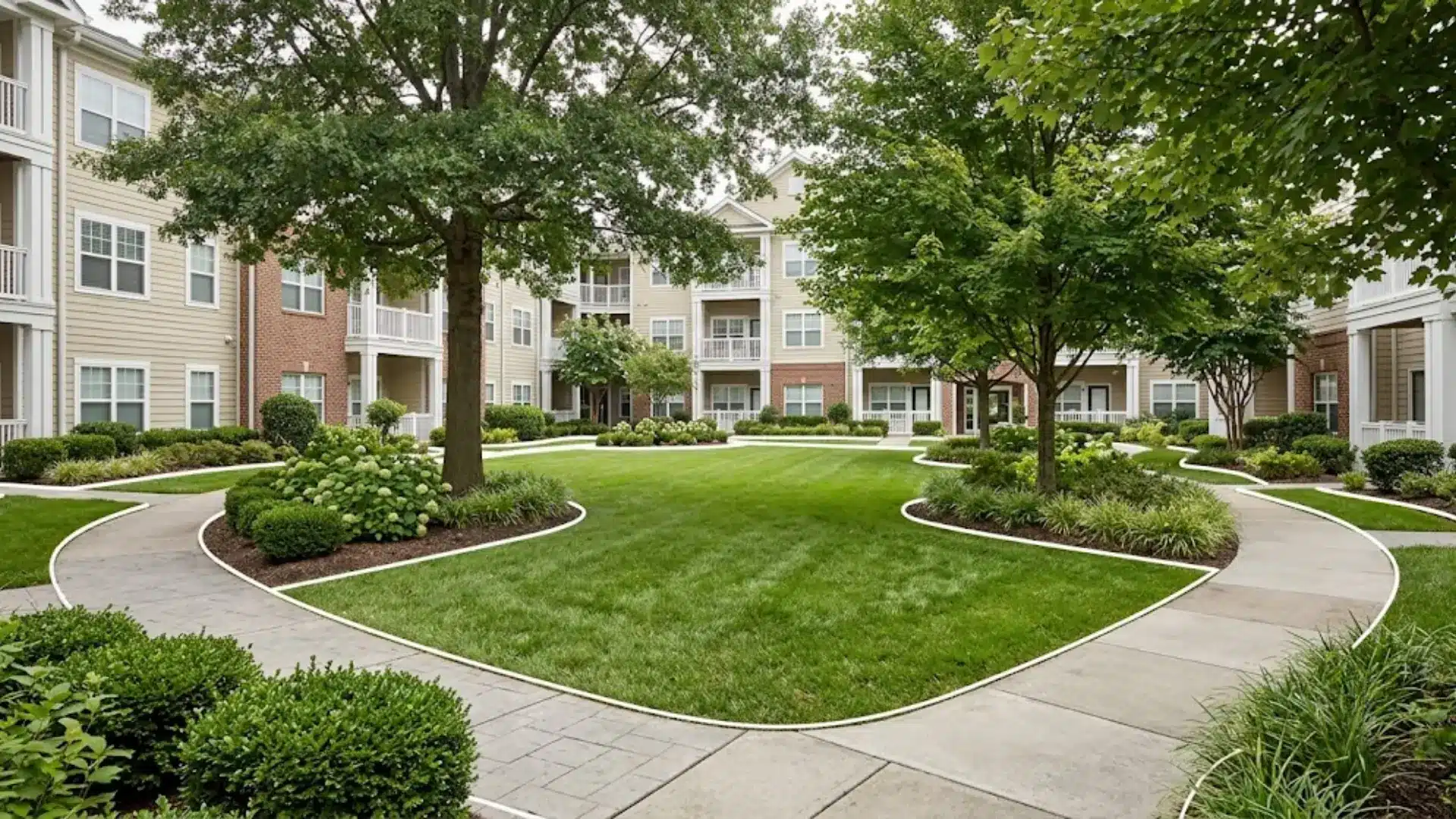 landscaped courtyard with lawn and path outlined in white in apartment complex