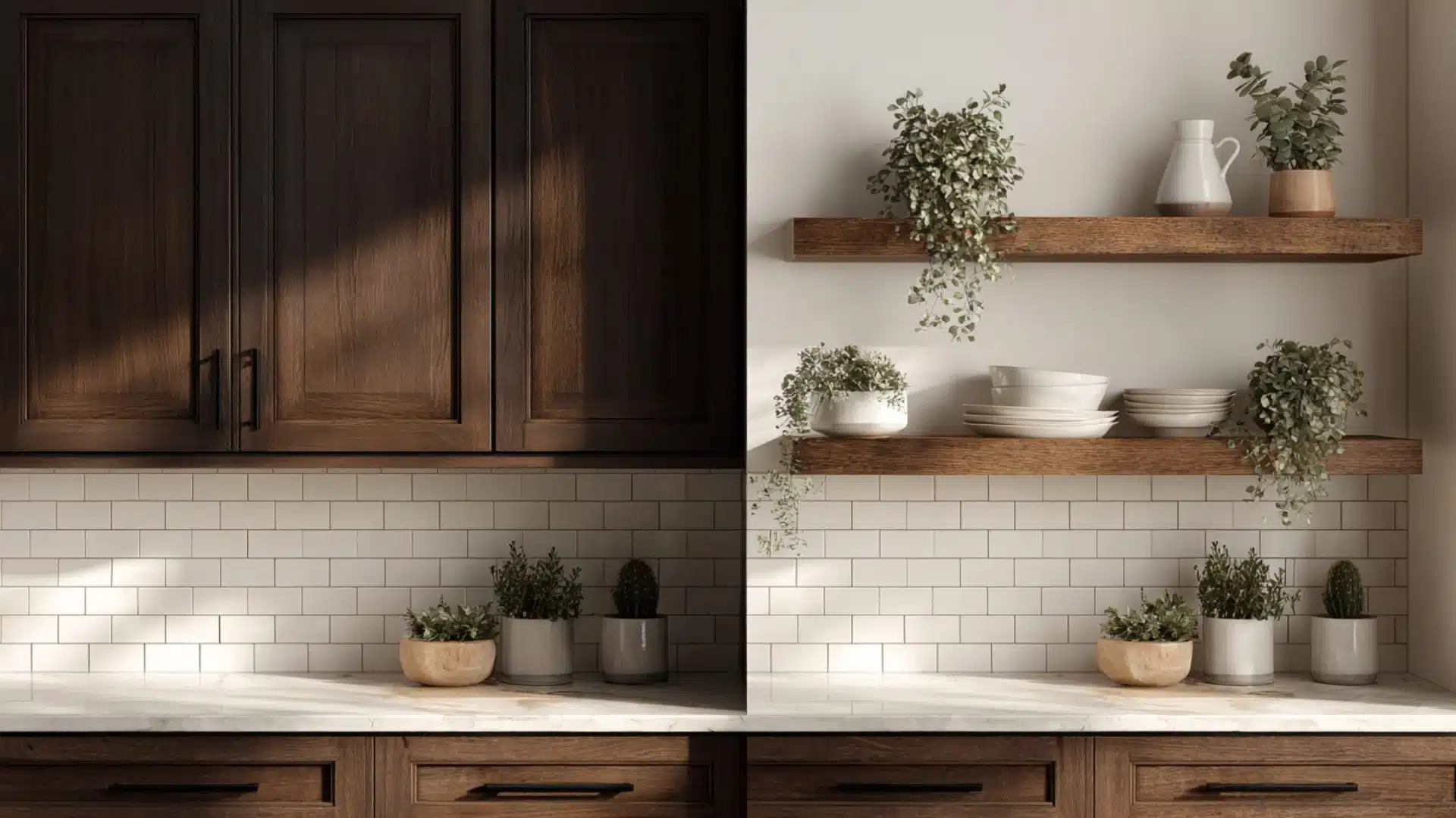 before and after kitchen with dark wood upper cabinets removed and replaced by open wood shelving