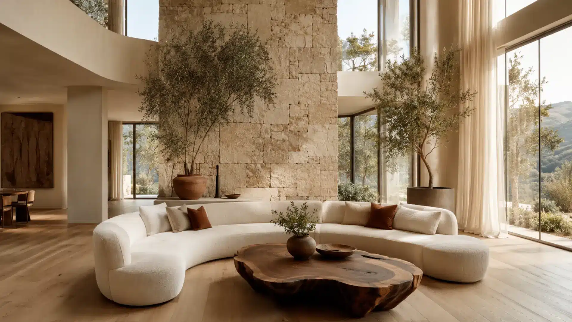 organic modern living room with curved cream sofa live edge wood coffee table stone accent wall and olive trees