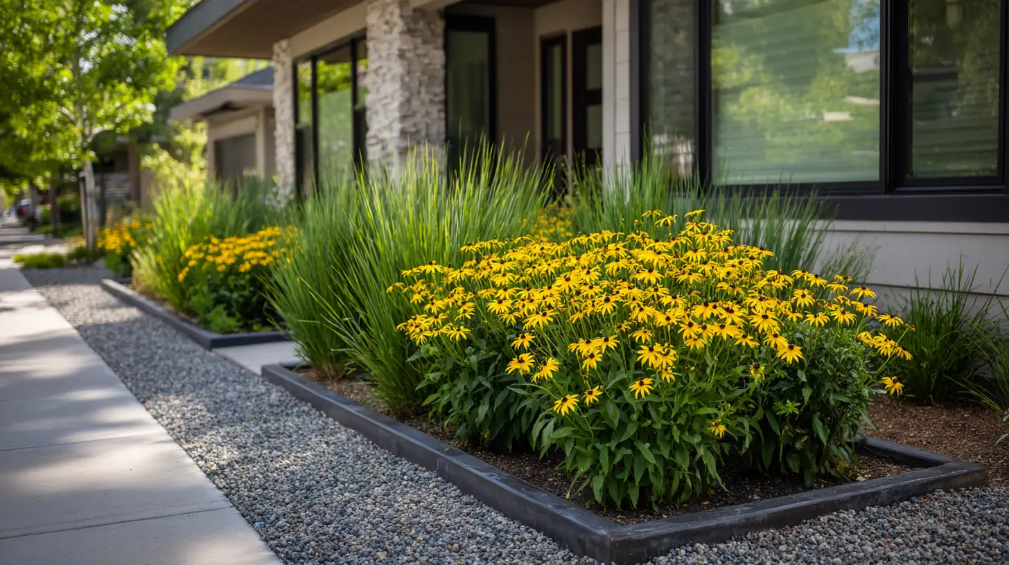 modern bed with karl foerster grass and black eyed susan edged with clean steel edging