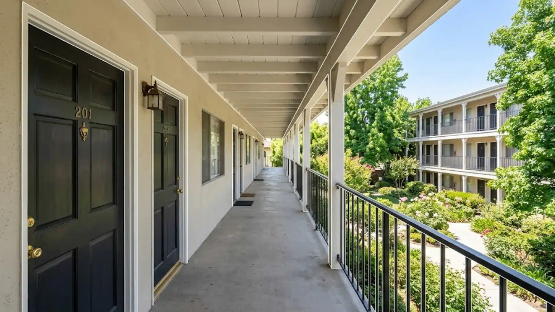 open air walkway with entrance doors outlined in white facing apartment courtyard