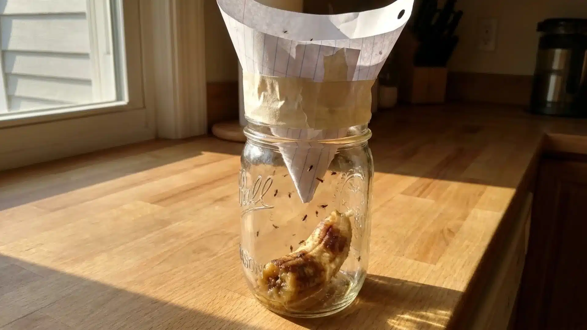 a diy fruit fly trap made from a mason jar with overripe banana and a paper funnel to catch flies