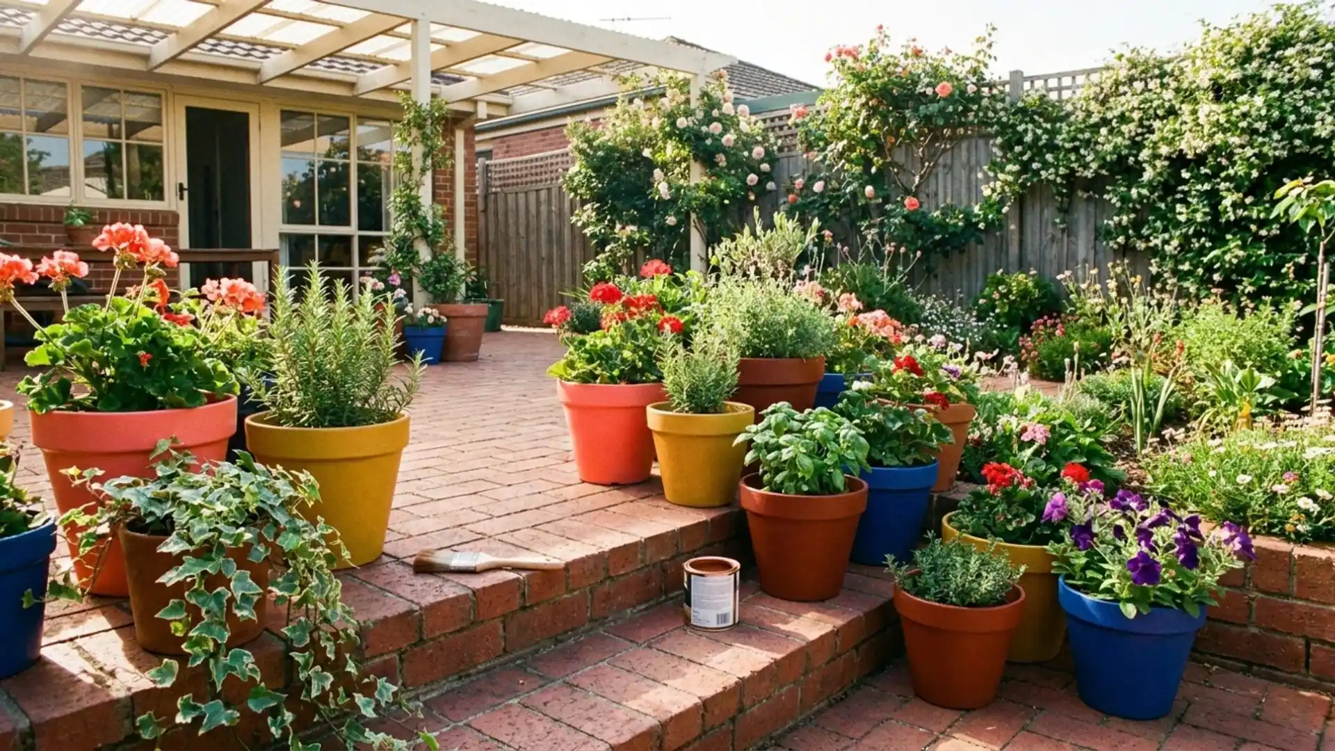 a lush garden showcasing an array of colorful pots, each brimming with blooming flowers in different hues.