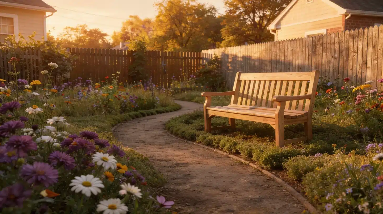small backyard transformed into a wildflower meadow with native plants a bench and a narrow path