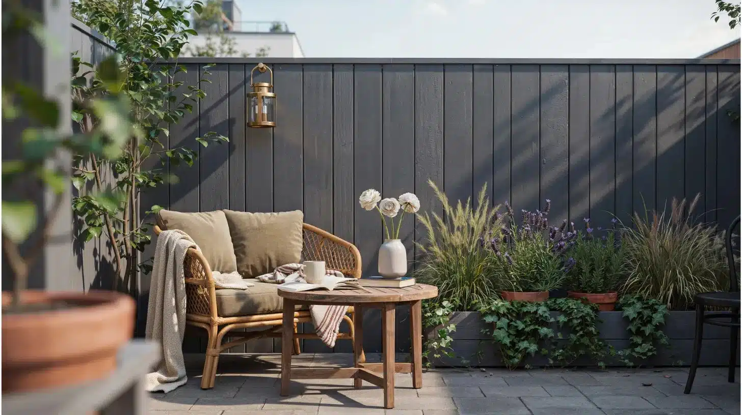very small backyard painted fence with plants and seating