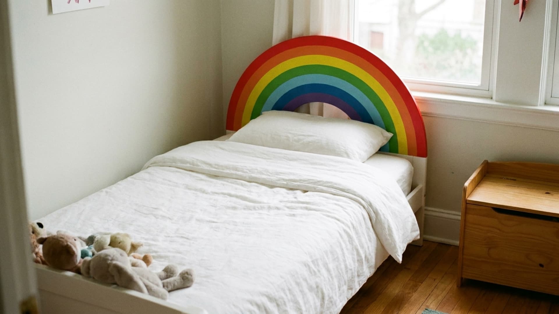 painted rainbow headboard behind pillows in a kids bedroom