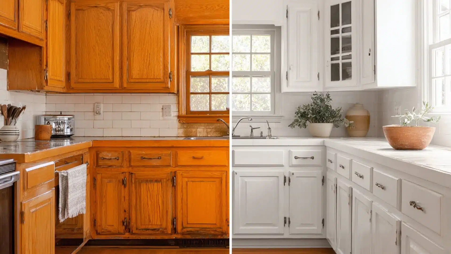 before and after kitchen showing orange oak cabinets repainted white with the same tile backsplash
