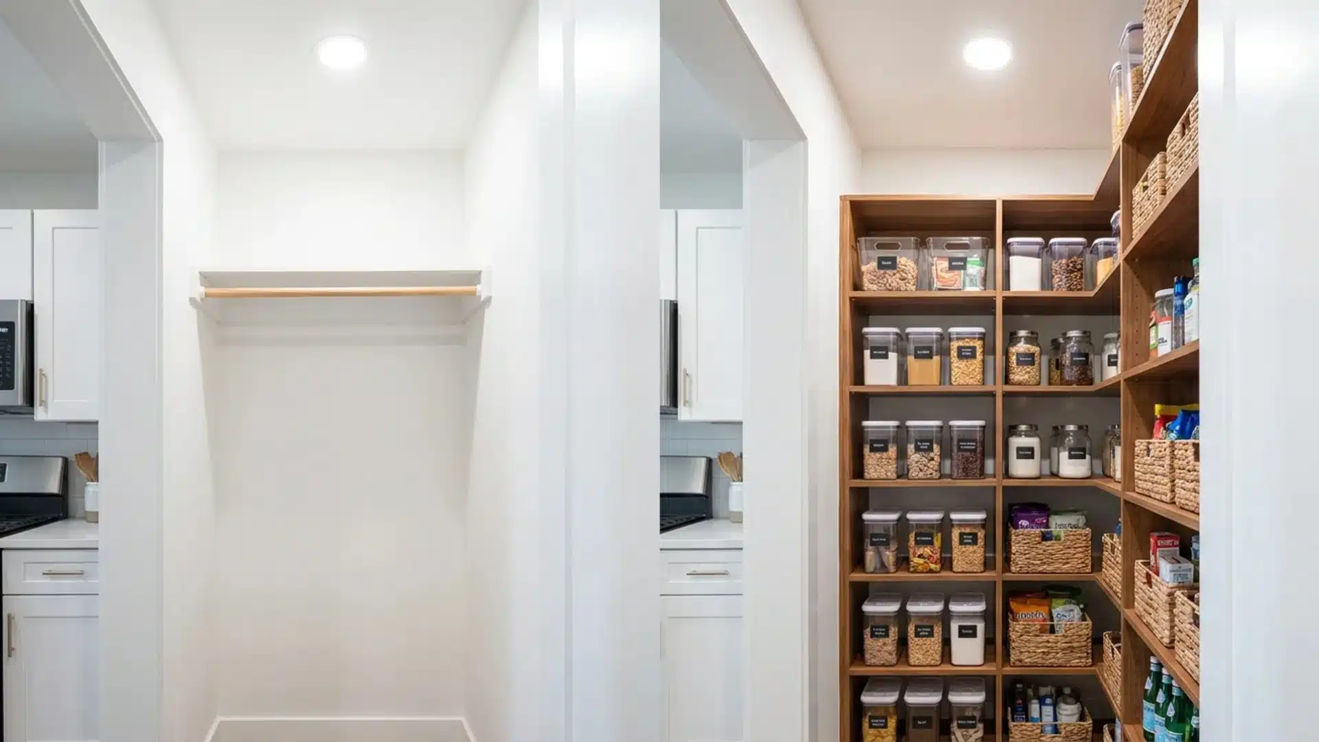 before and after closet converted into a built in pantry with wooden shelves and storage baskets