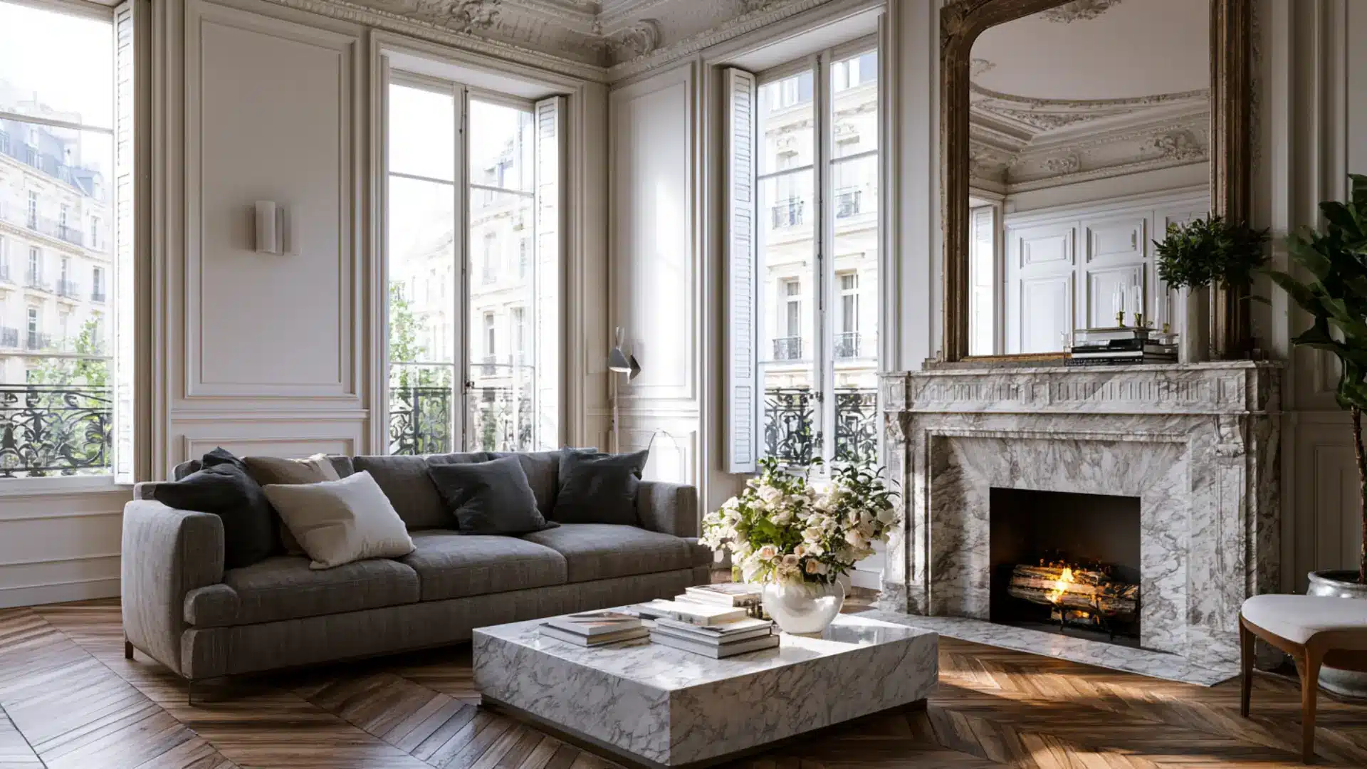 mountain lodge living room with stone fireplace antler chandelier timber beams and sectional sofa