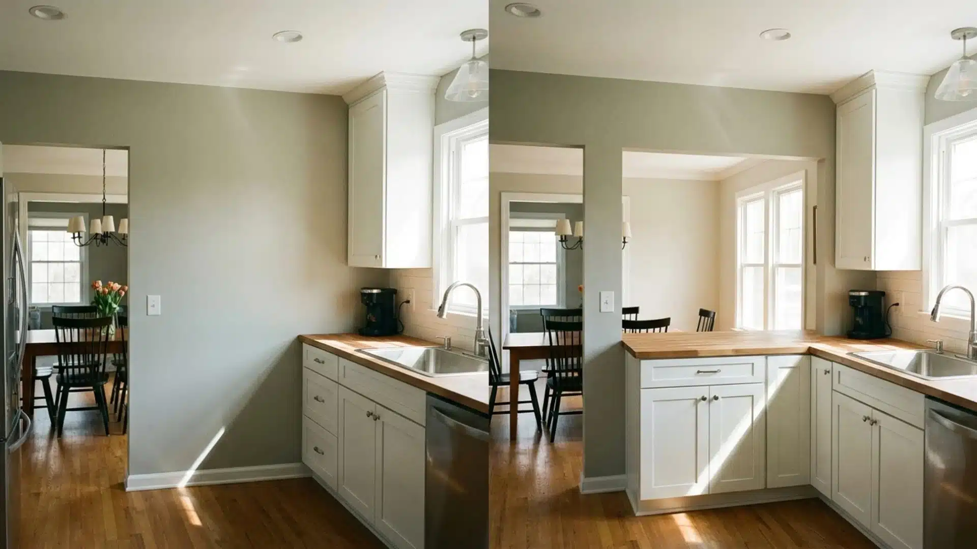 before and after kitchen wall opened into a pass through window above a white counter to the dining room