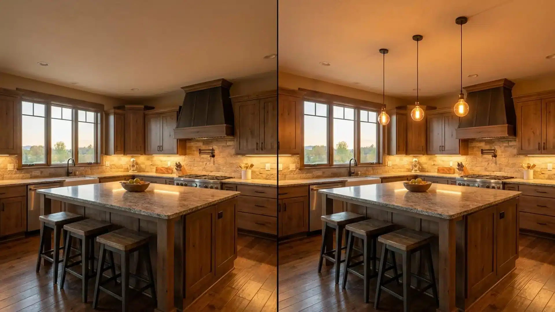 before and after kitchen island lit only by under cabinet lights with added warm hanging pendant bulbs