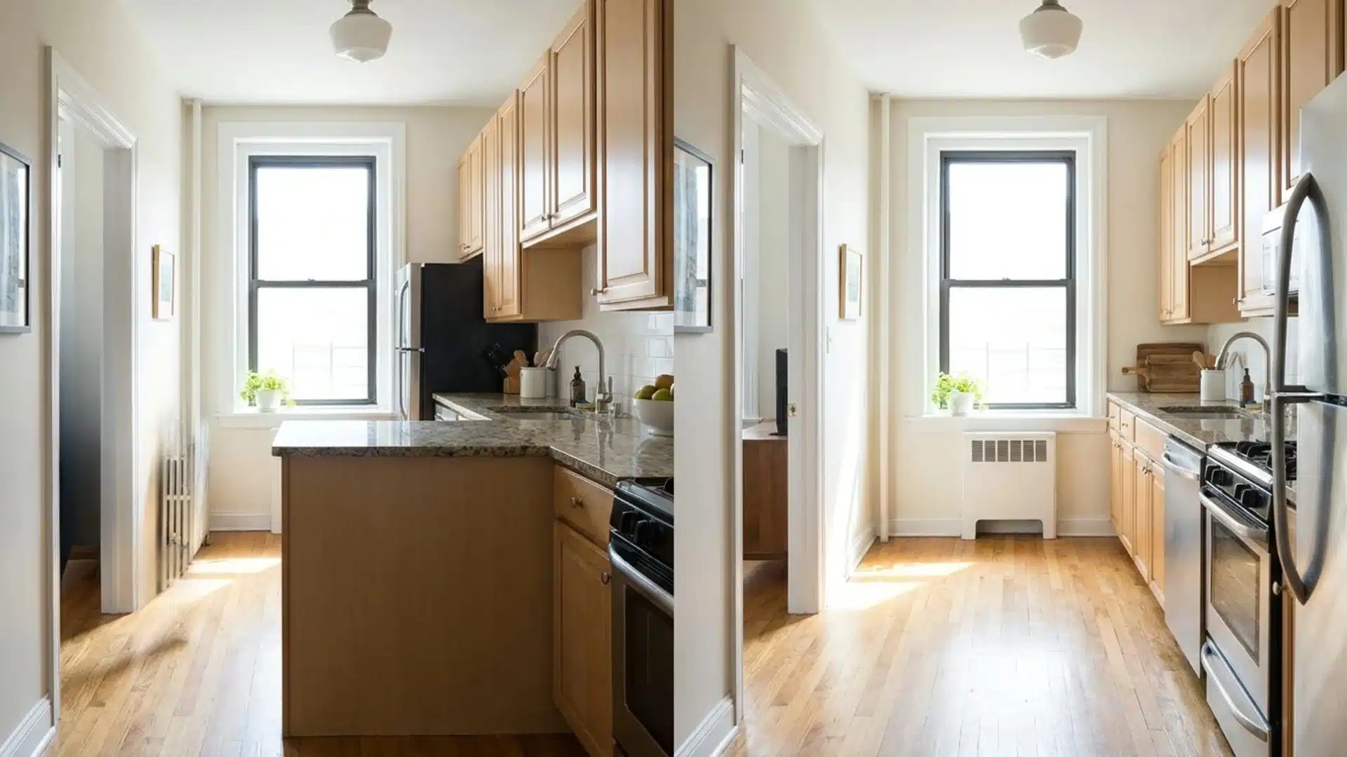 before and after kitchen with a central island peninsula removed to improve walking kitchen space