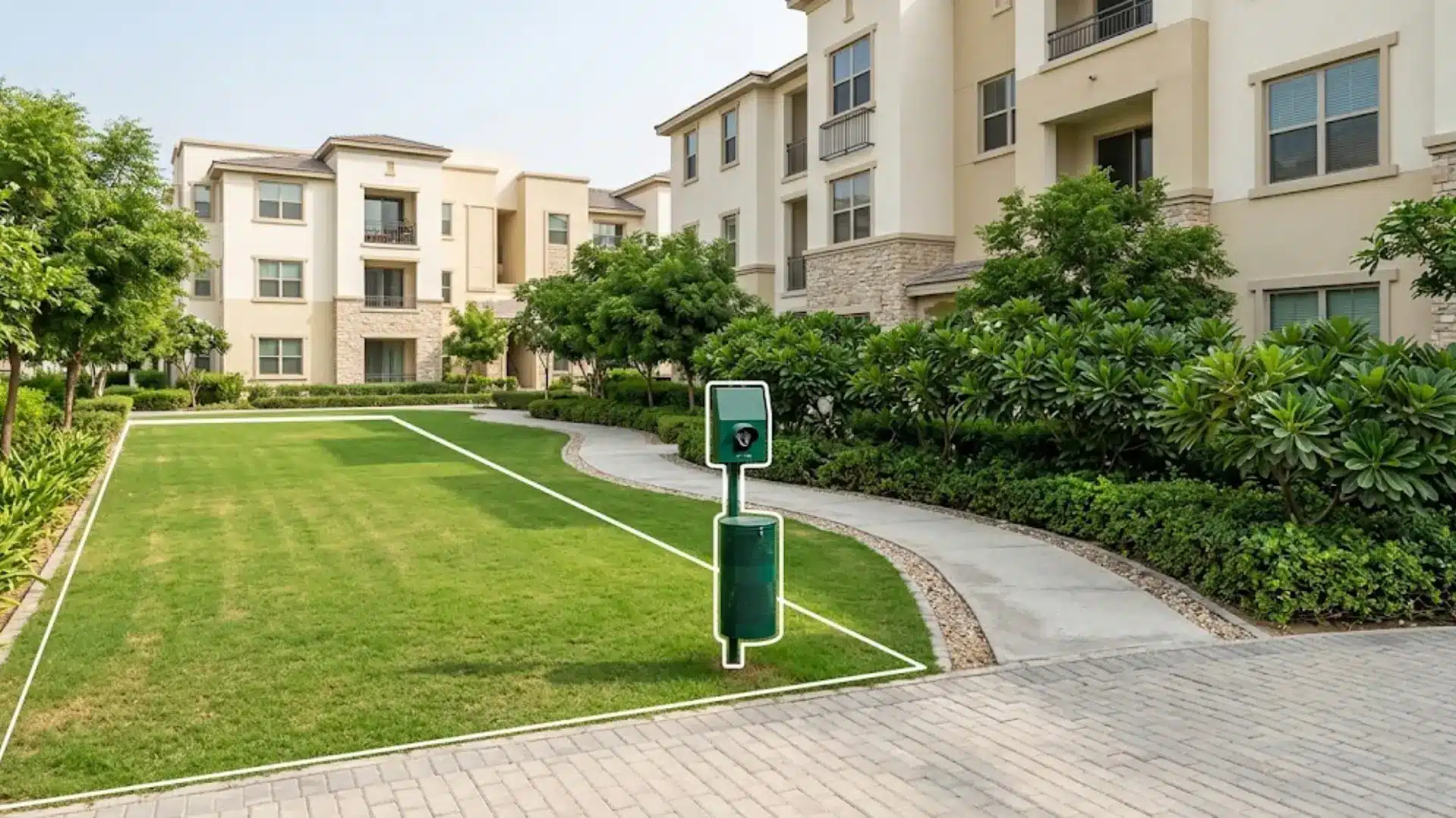 pet friendly area outlined in white with lawn and path in apartment complex