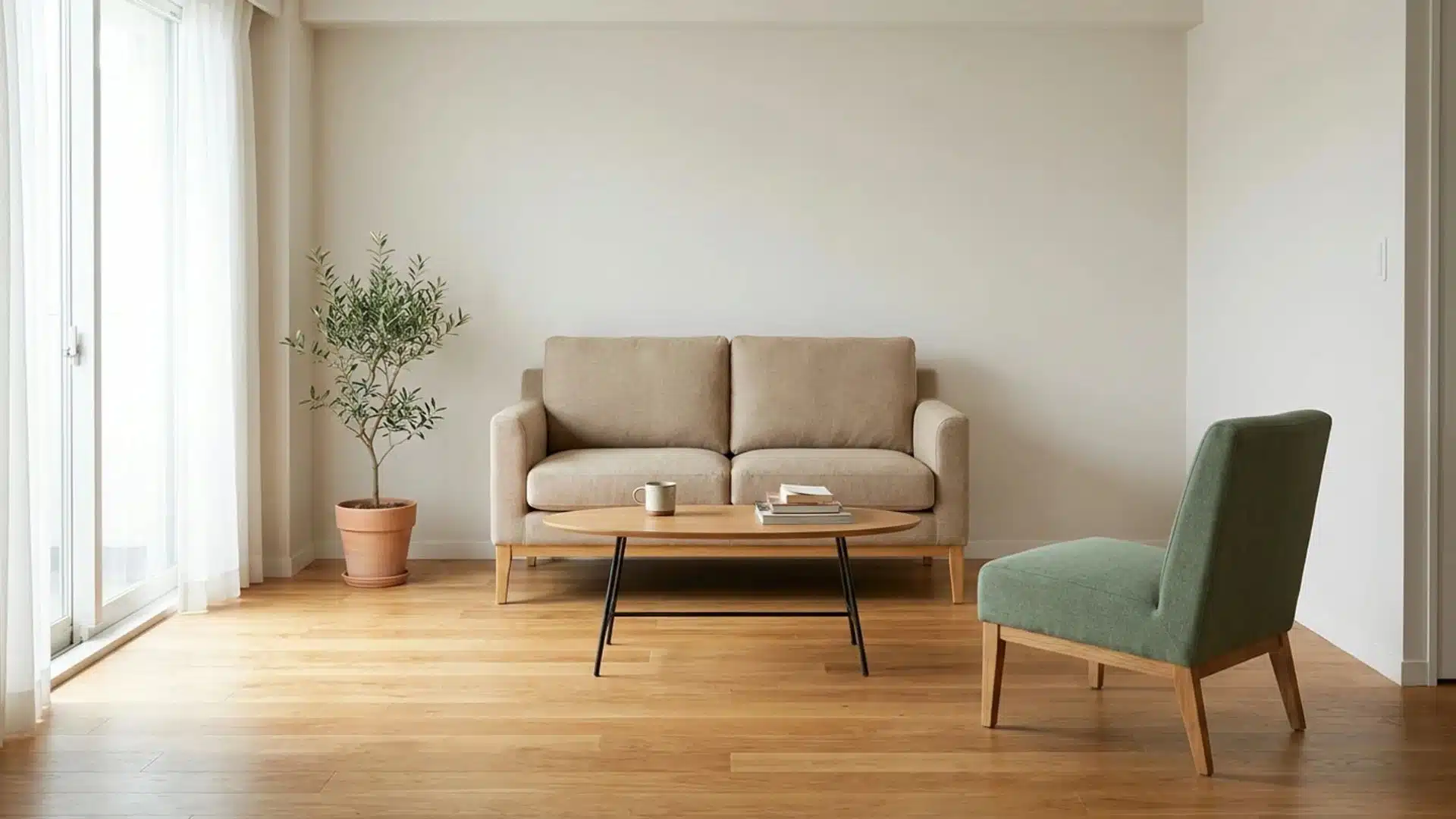 compact living room with a small linen loveseat, exposed leg armchair, and oval coffee table on warm wooden flooring