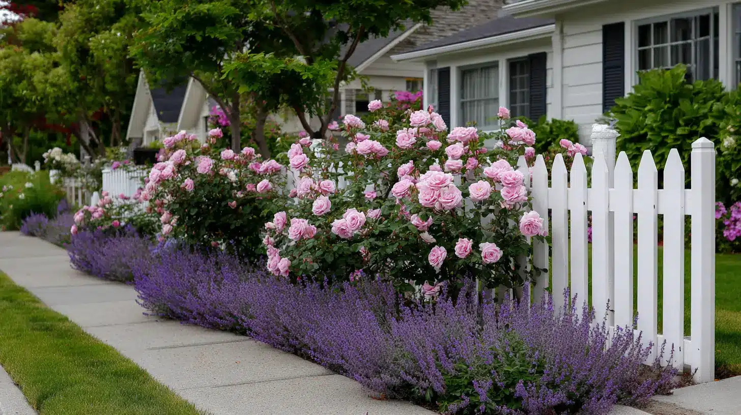 cottage flower border with pink roses and catmint planted in front of a white picket fence