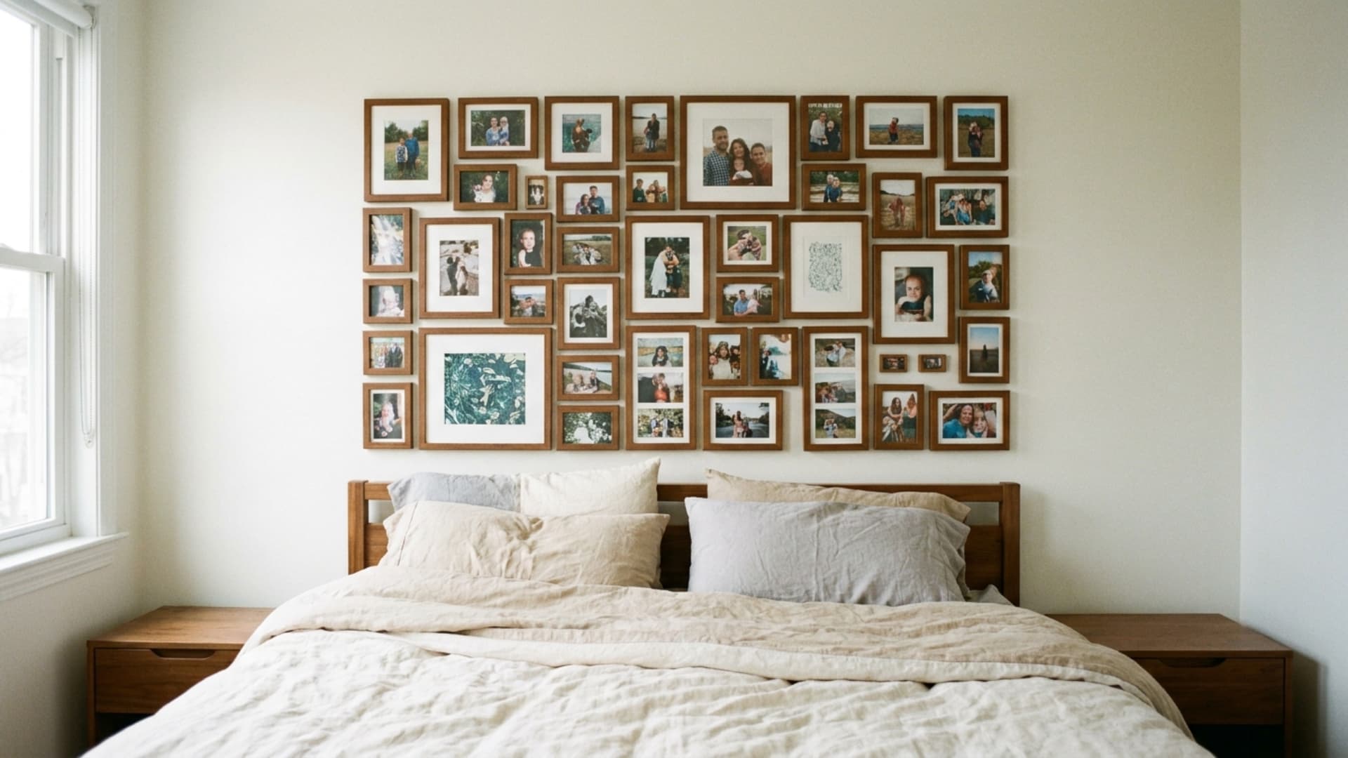 picture frame collage headboard arranged behind a bedroom bed