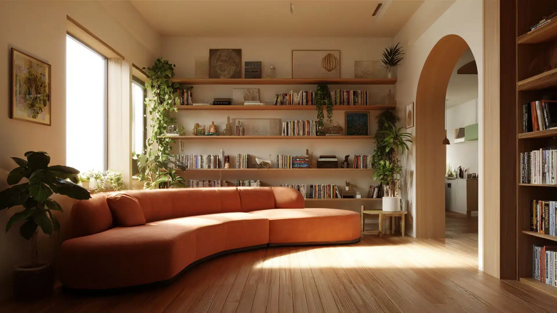curved sofa facing wall shelving with books, plants, and decor, creating storage without reducing open floor space