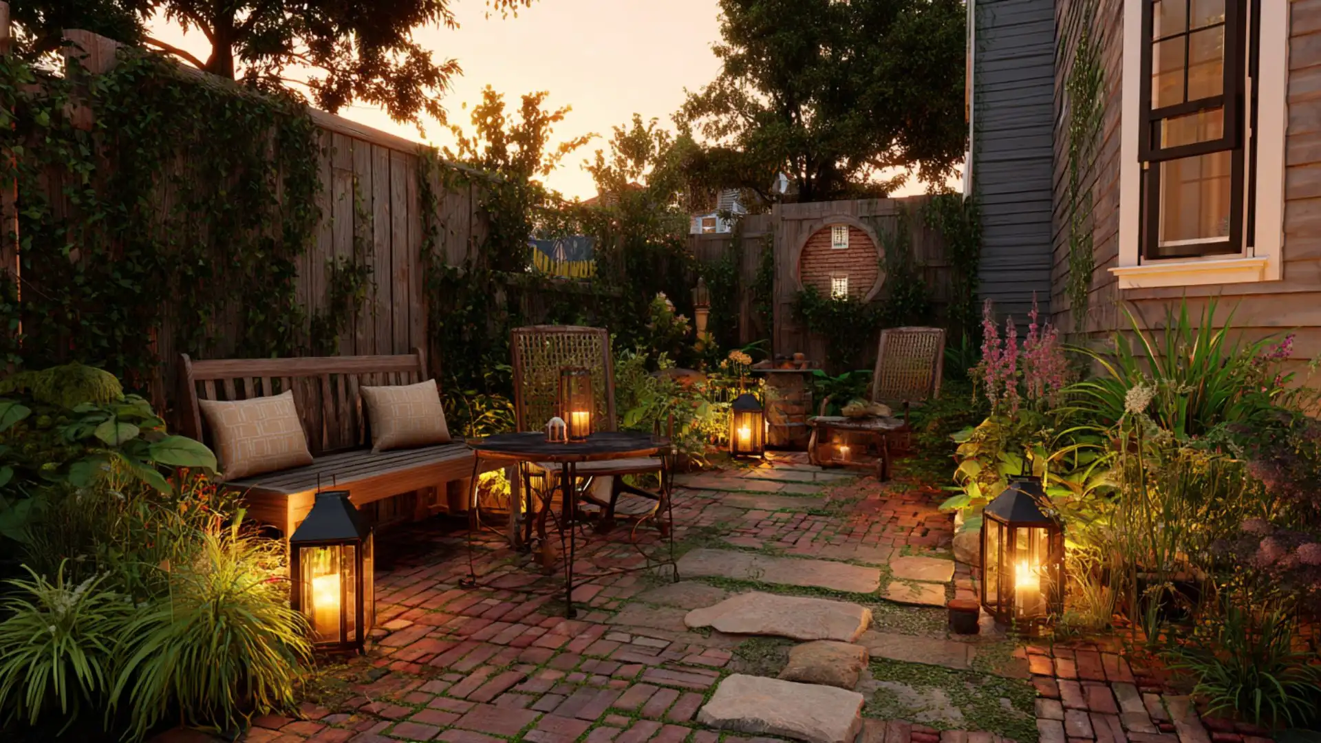  a tranquil garden scene with a brick pathway surrounded by vibrant plants and two inviting benches.