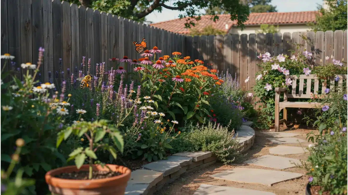 very small backyard with colorful flower border and bench