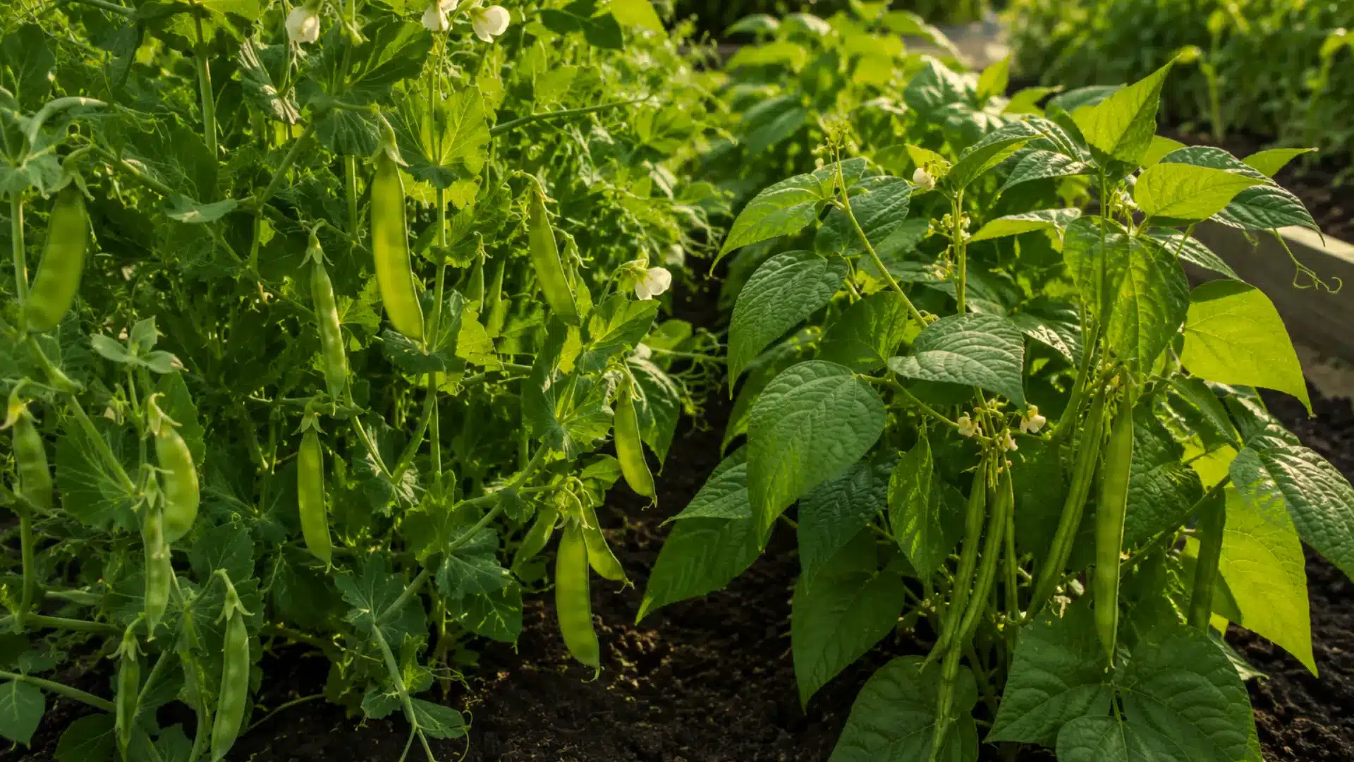 pea and bean plants with green pods and white flowers growing in rows in a dark soil garden bed