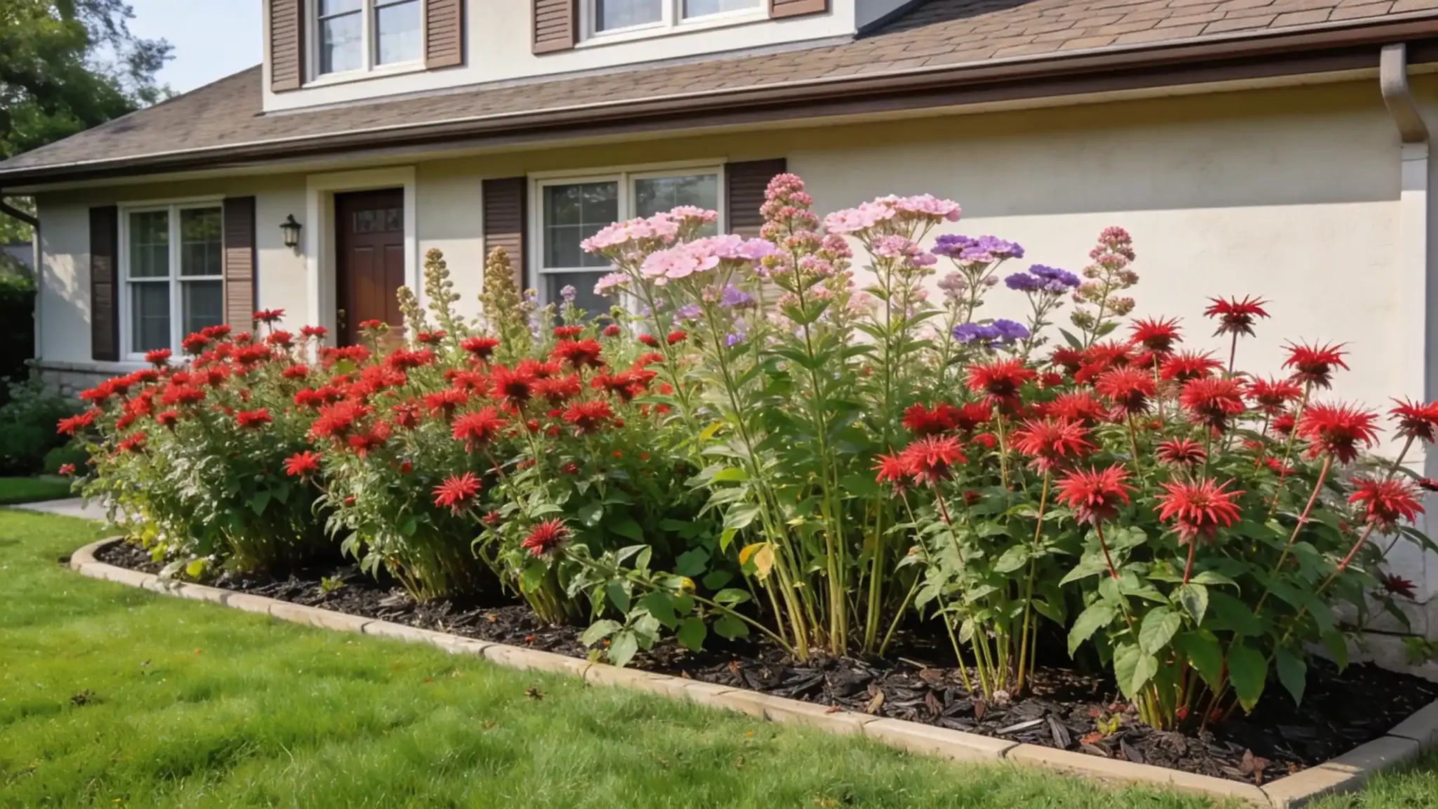 pollinator bed with red bee balm and soft pink milkweed blooming naturally in a suburban front yard