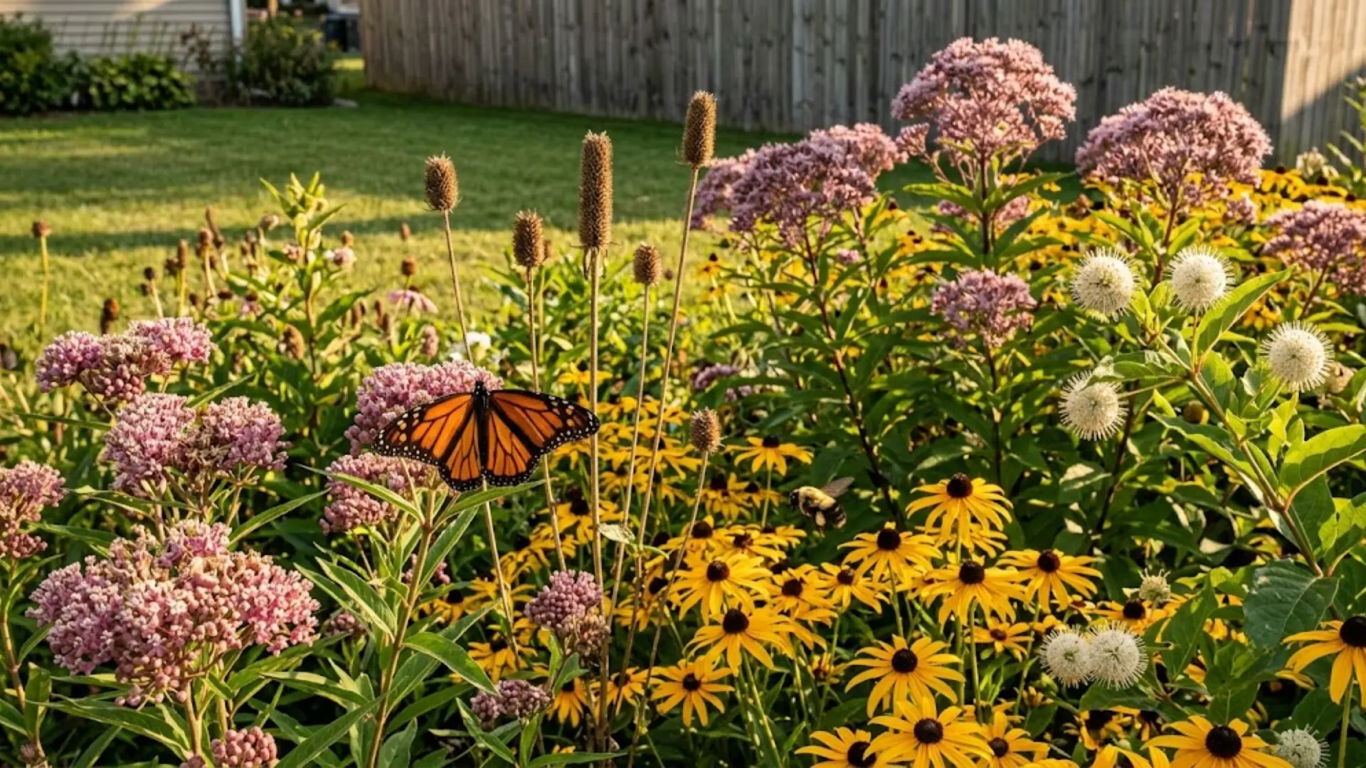 pollinator rain garden with monarch butterfly on milkweed, black-eyed susan, joe-pye weed in late summer