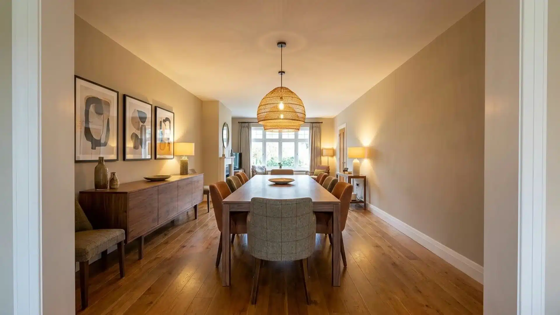 long dining room with table placed across room width, open walkways, warm lighting, and balanced furniture layout