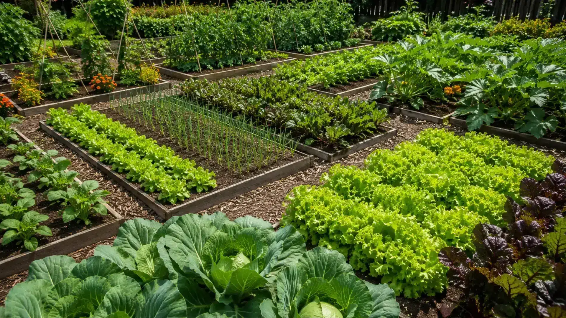 multiple raised garden beds with varied vegetables including lettuce, cabbage, and onions planted in separate sections