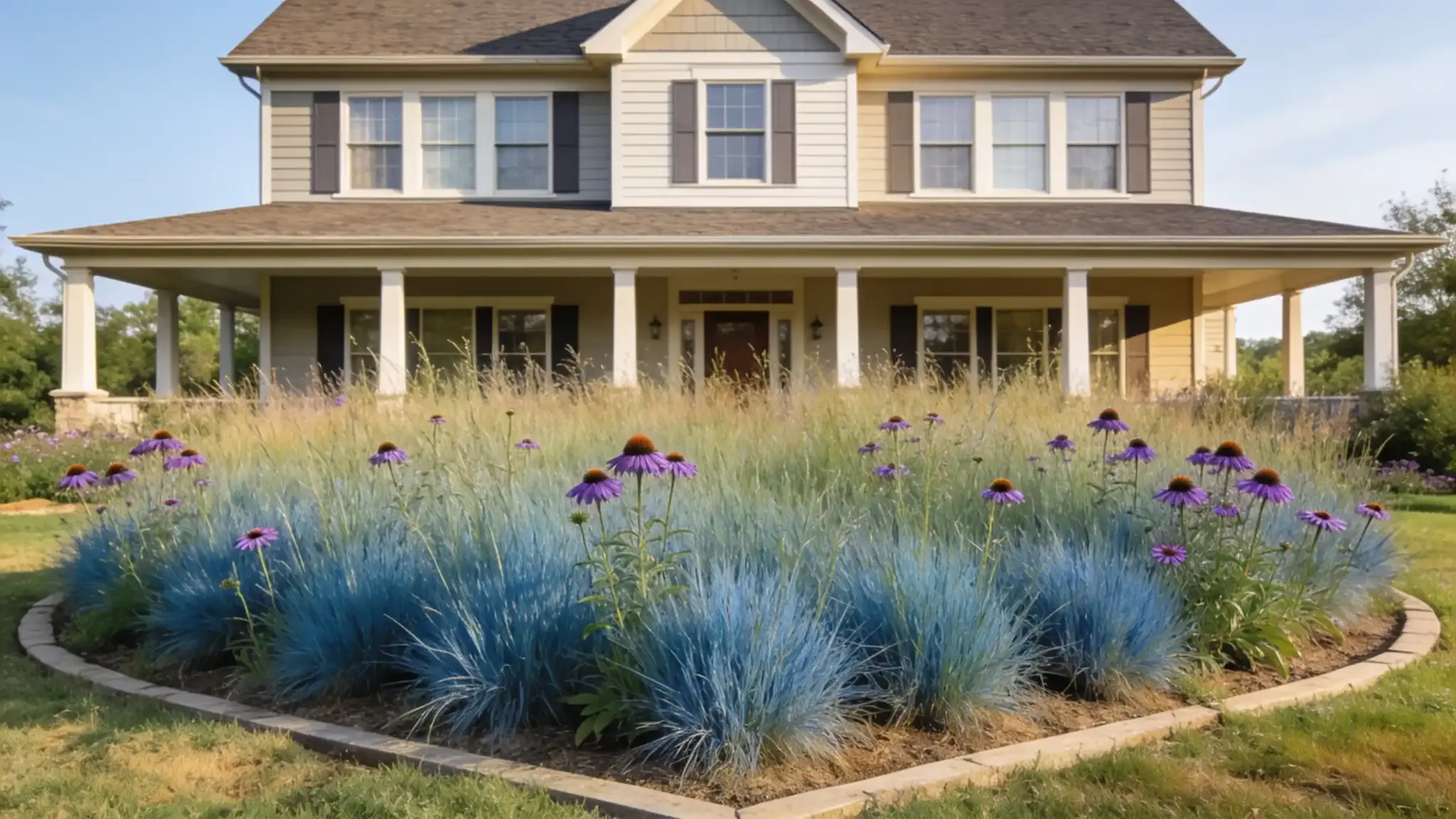 established prairie bed with little bluestem grass and coneflowers in front of a farmhouse home