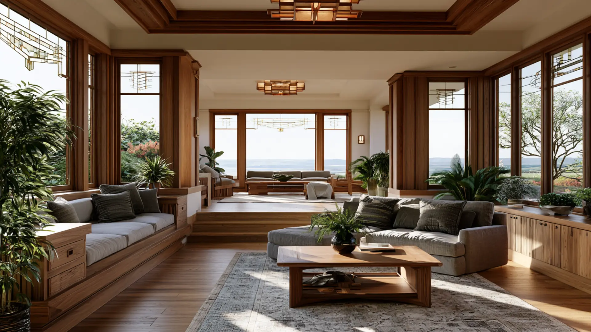 prairie style living room with built-in wood seating geometric light fixtures low furniture and art glass windows