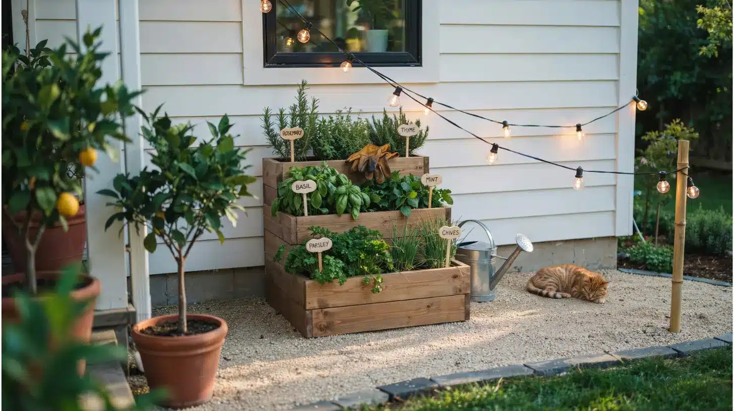 very small backyard herb garden in tiered wooden boxes