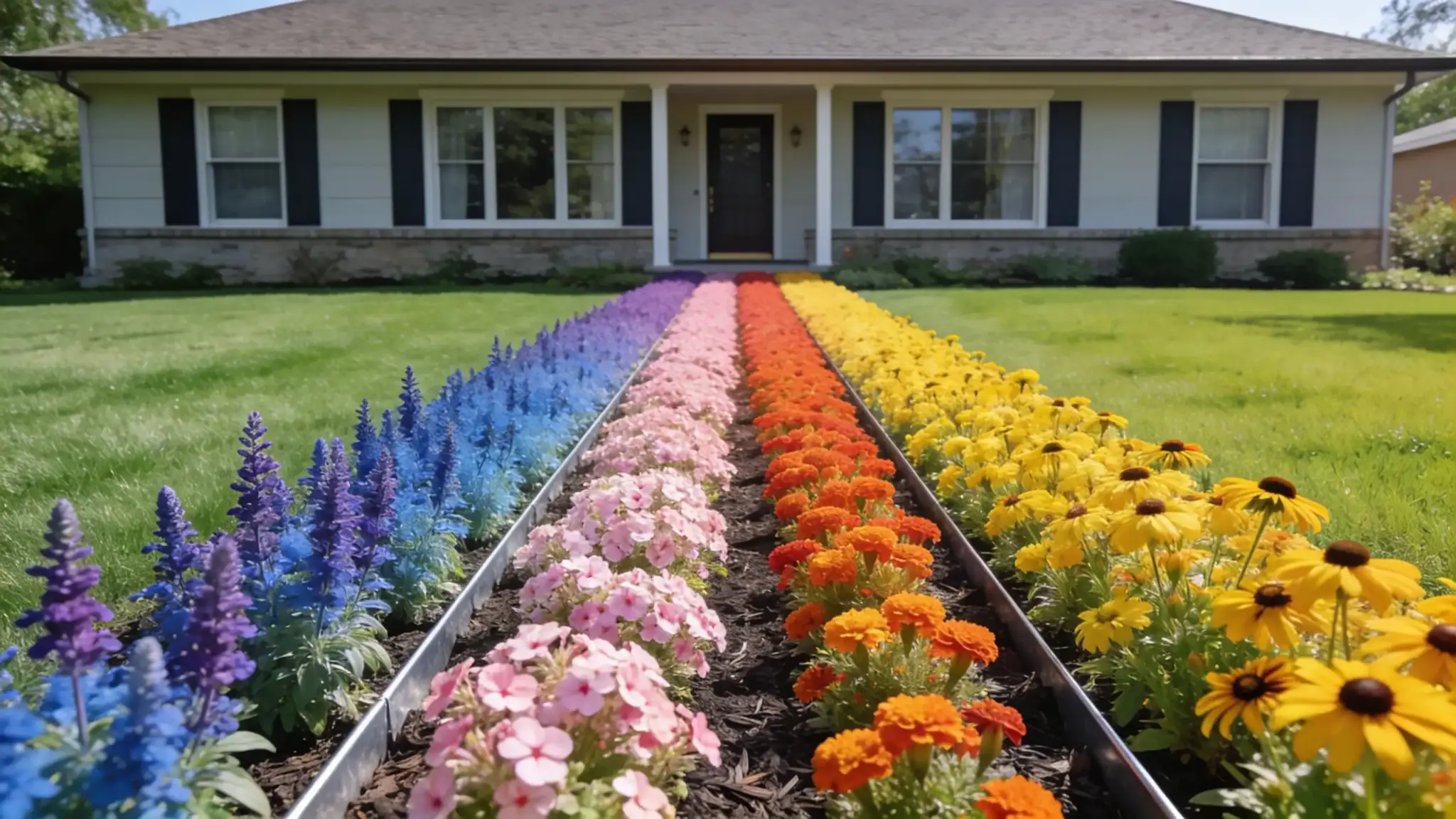 rainbow gradient border transitioning from blue salvia through pink orange to yellow rudbeckia