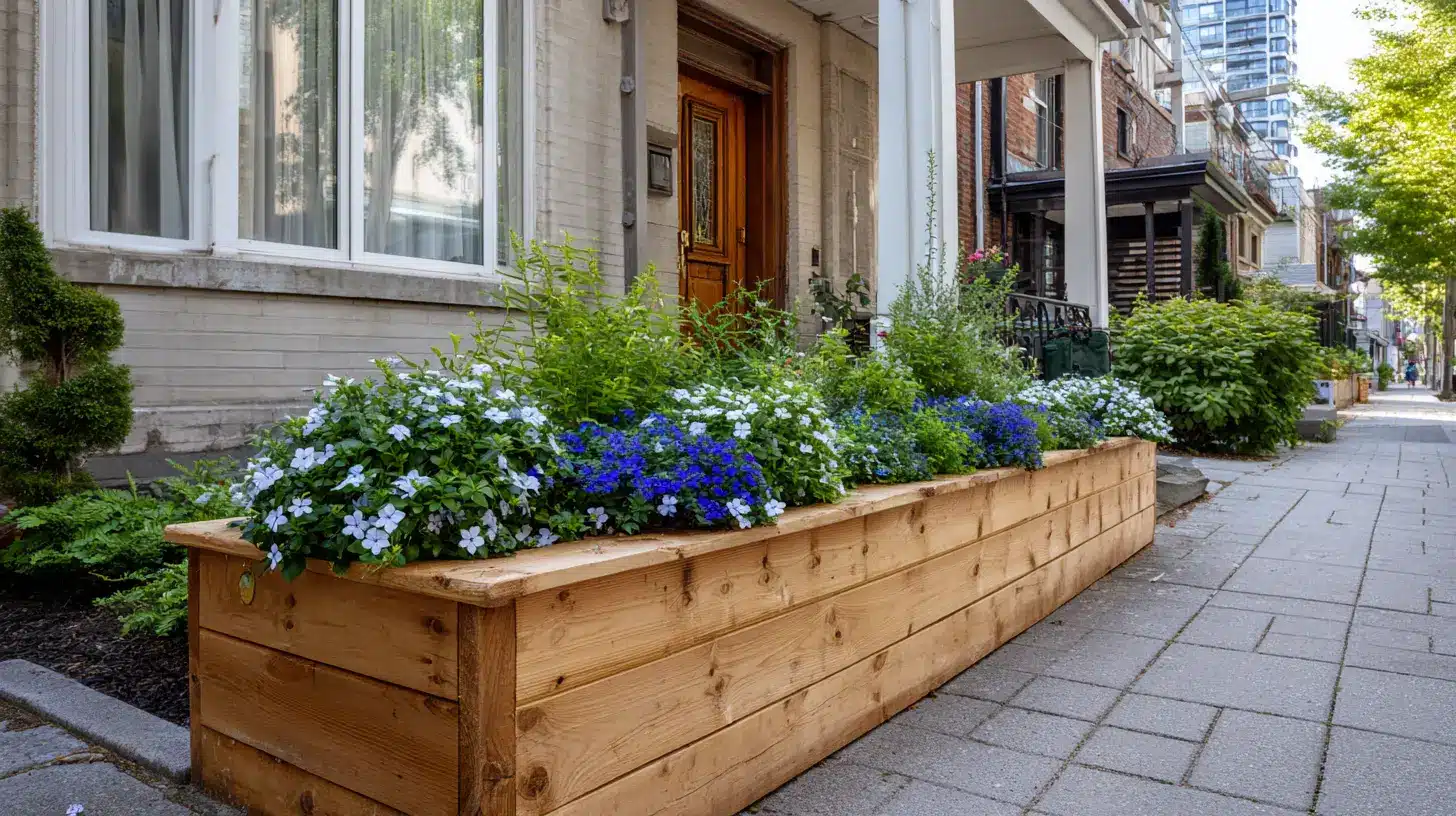 clean cedar raised planter bed with white vinca and blue plumbago along an urban home foundation
