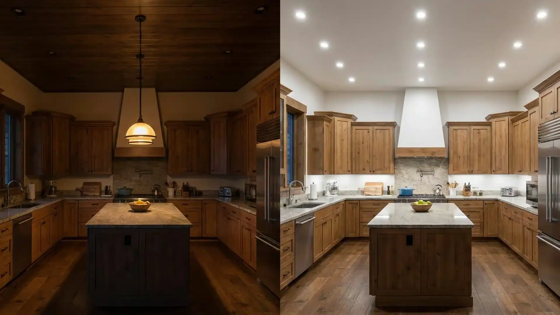 before and after dim wood kitchen brightened by a full grid of recessed ceiling lights added overhead