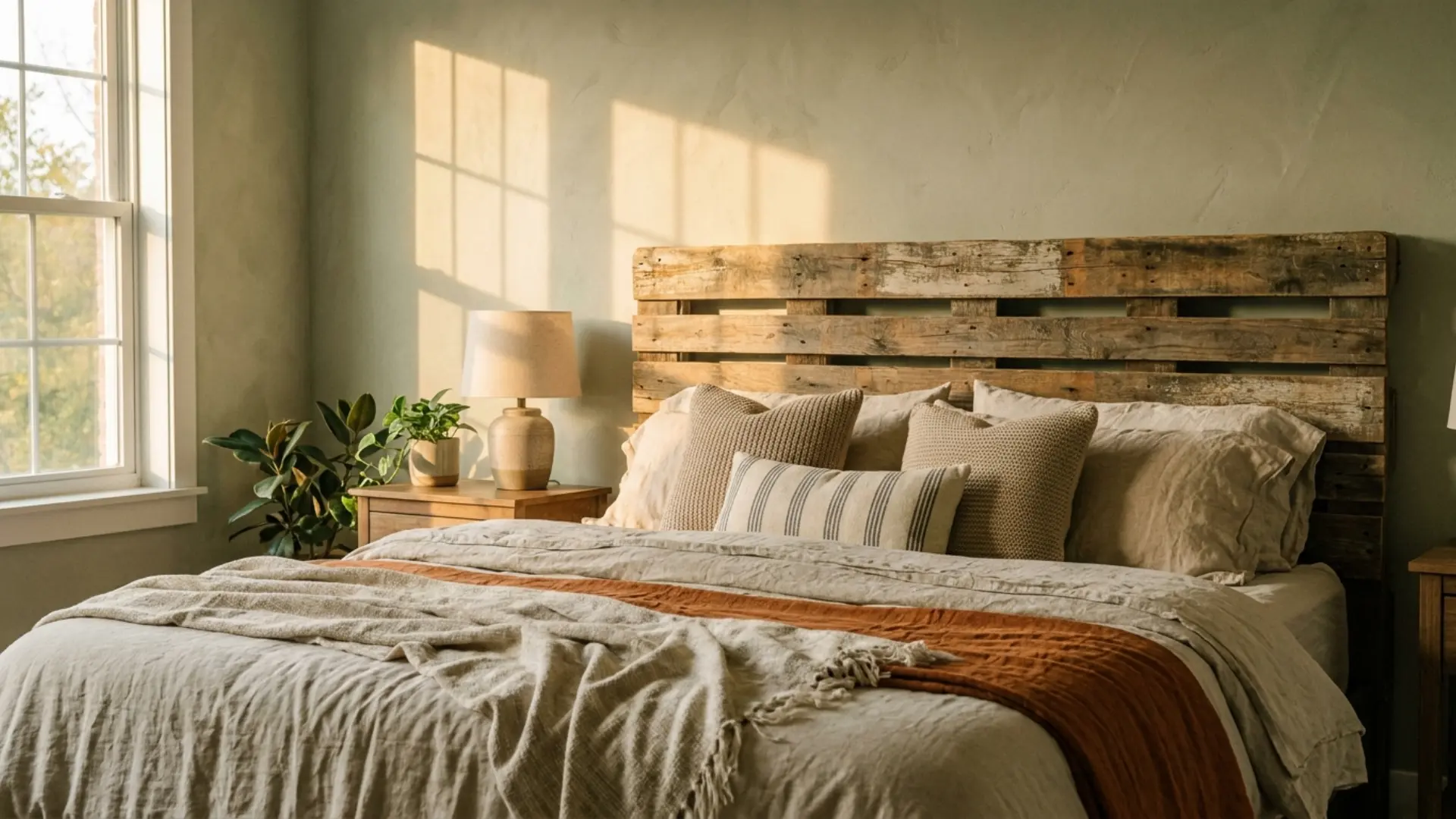 reclaimed pallet headboard behind pillows in a sunlit bedroom