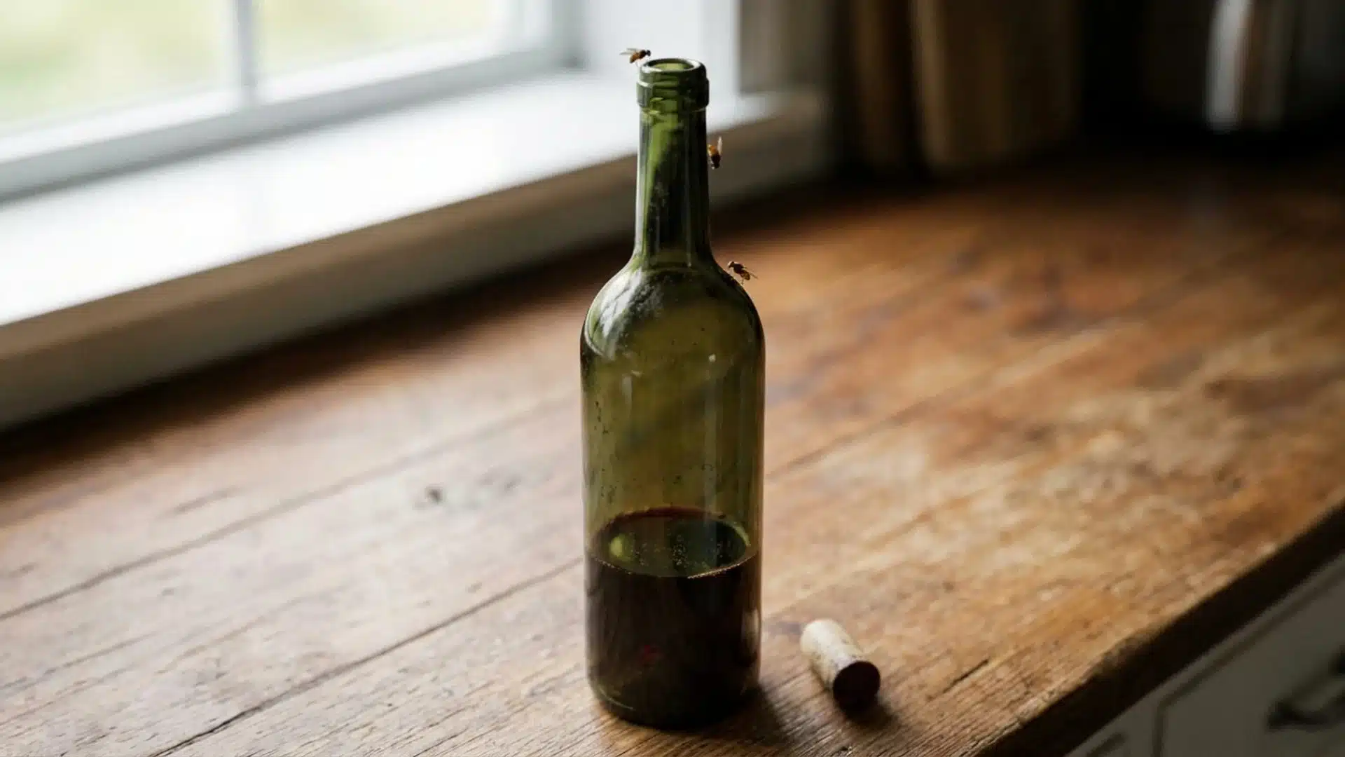 red wine bottle trap with fruit flies around neck on wooden table near window cork beside bottle surface stand