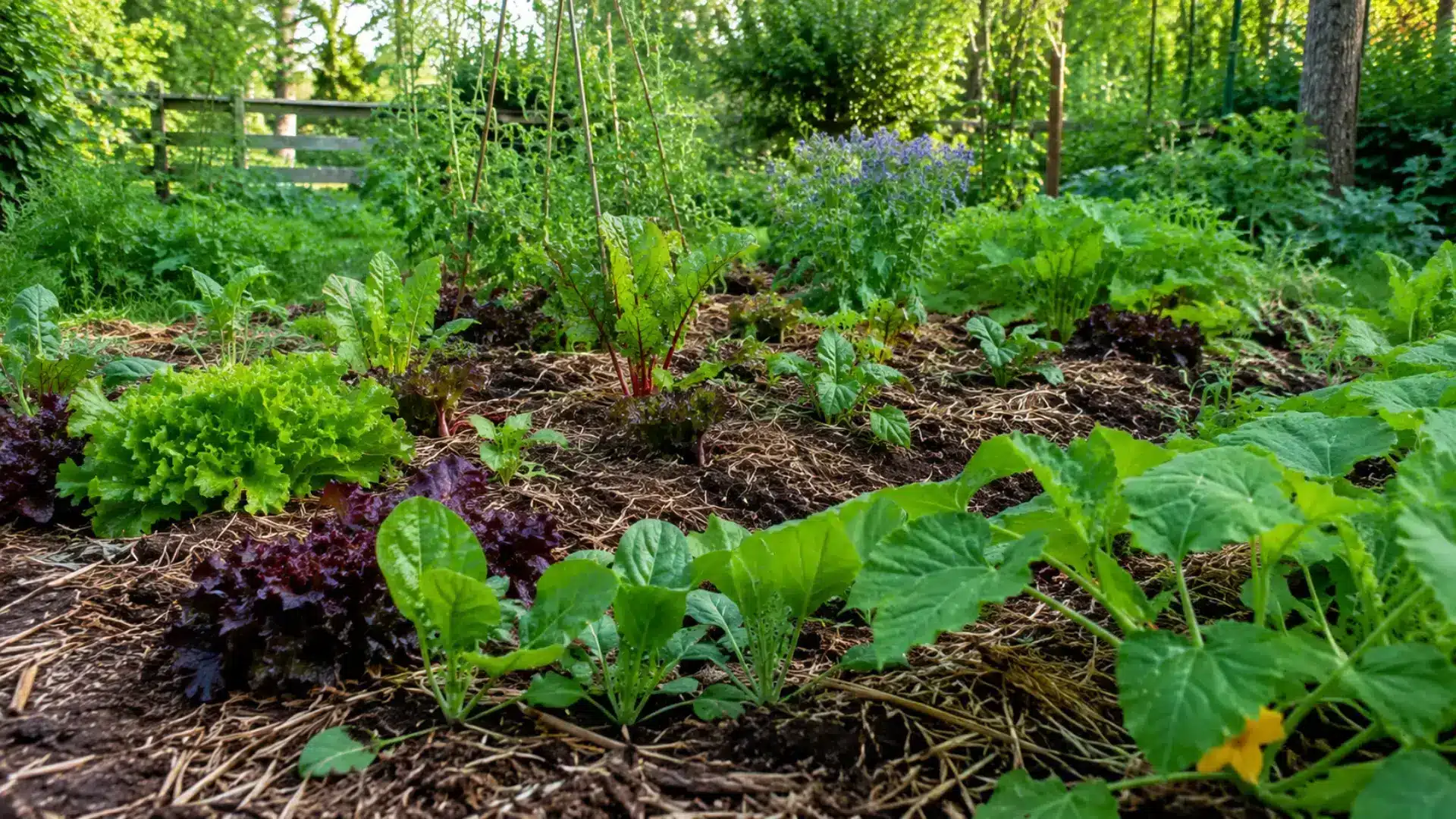 no-till garden bed with mixed lettuce, beetroot, and leafy vegetables growing through straw mulch layer