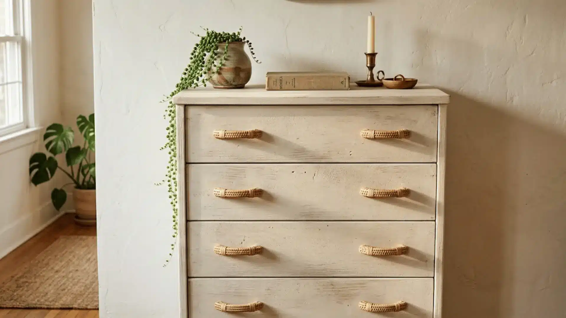 vintage wooden dresser with limewash finish and rattan drawer pulls styled with ceramics in natural light