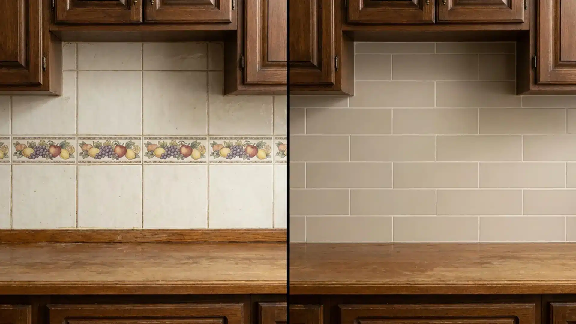 before and after kitchen backsplash showing a dated fruit border tile replaced with plain beige subway