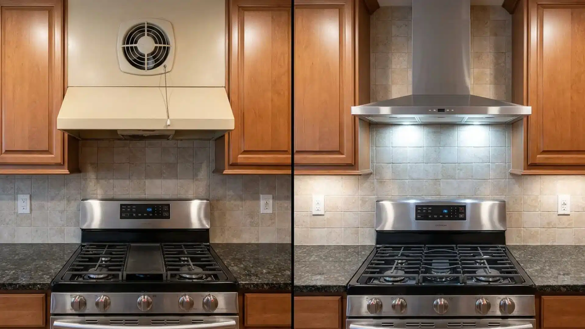 before and after stove vent showing dated white exhaust fan replaced with a stainless steel range hood