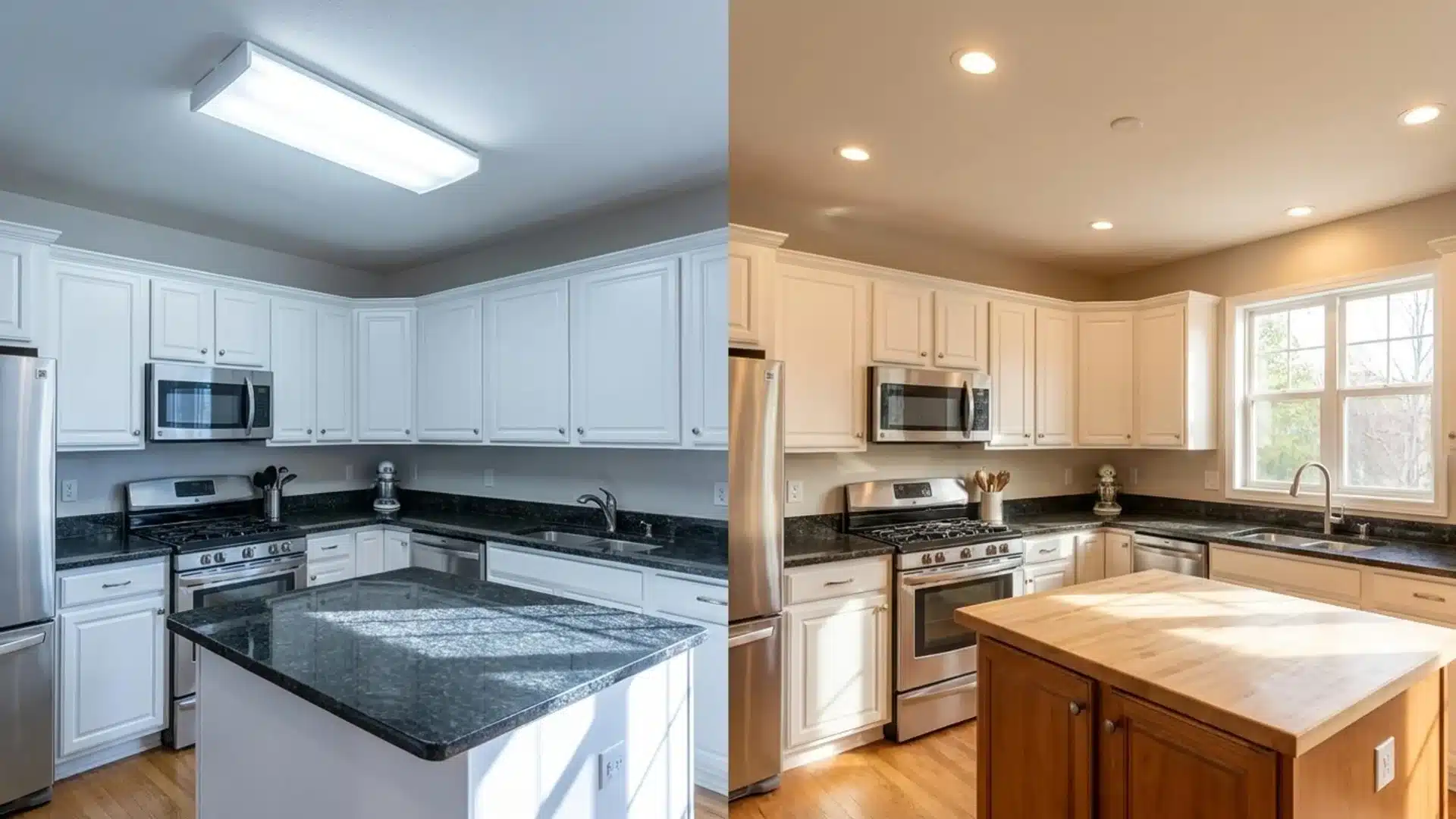 before and after kitchen ceiling light swapped from a cold fluorescent fixture to warm recessed lights