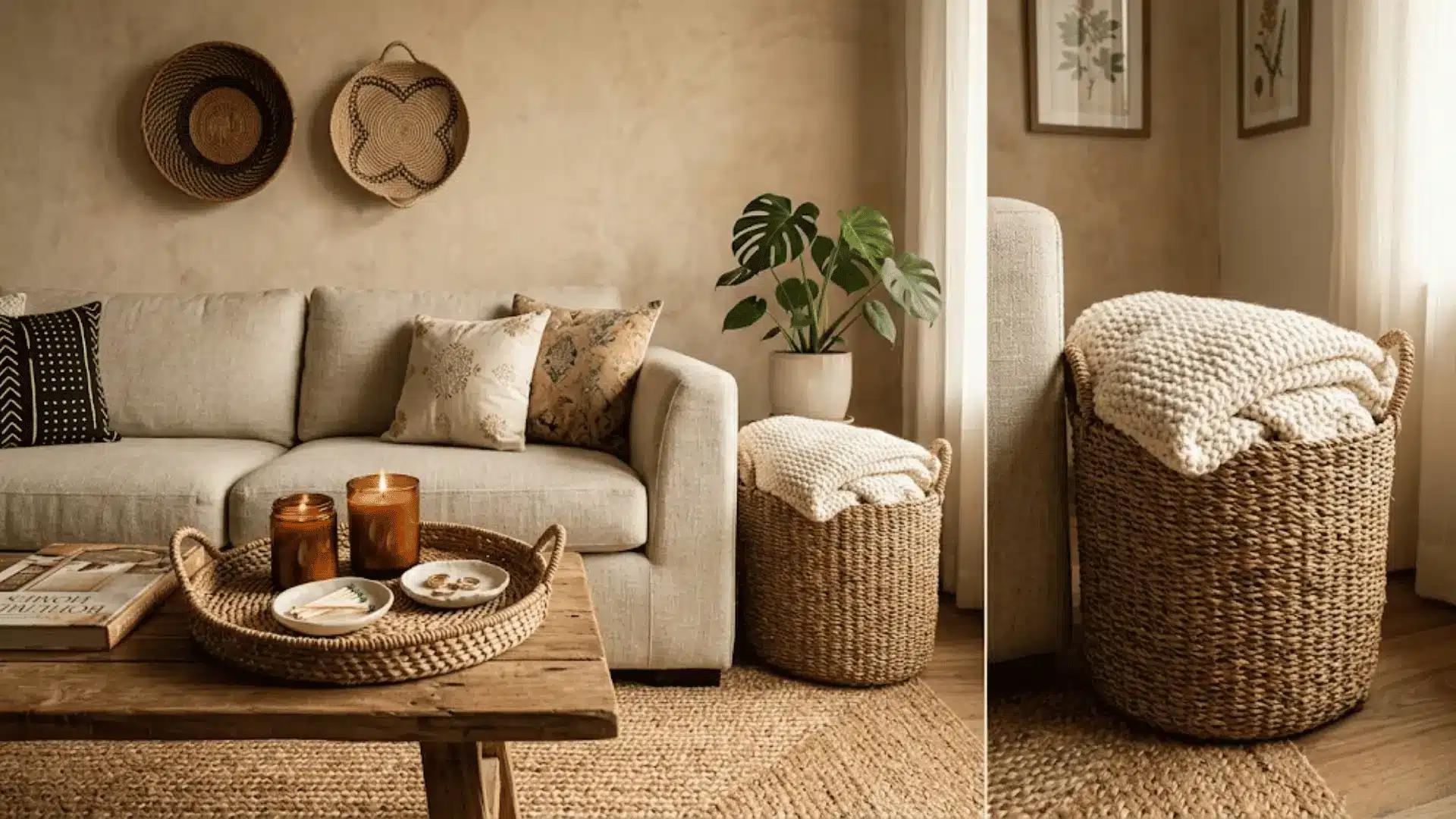 woven seagrass baskets used as storage and wall decor in a warm boho living room corner