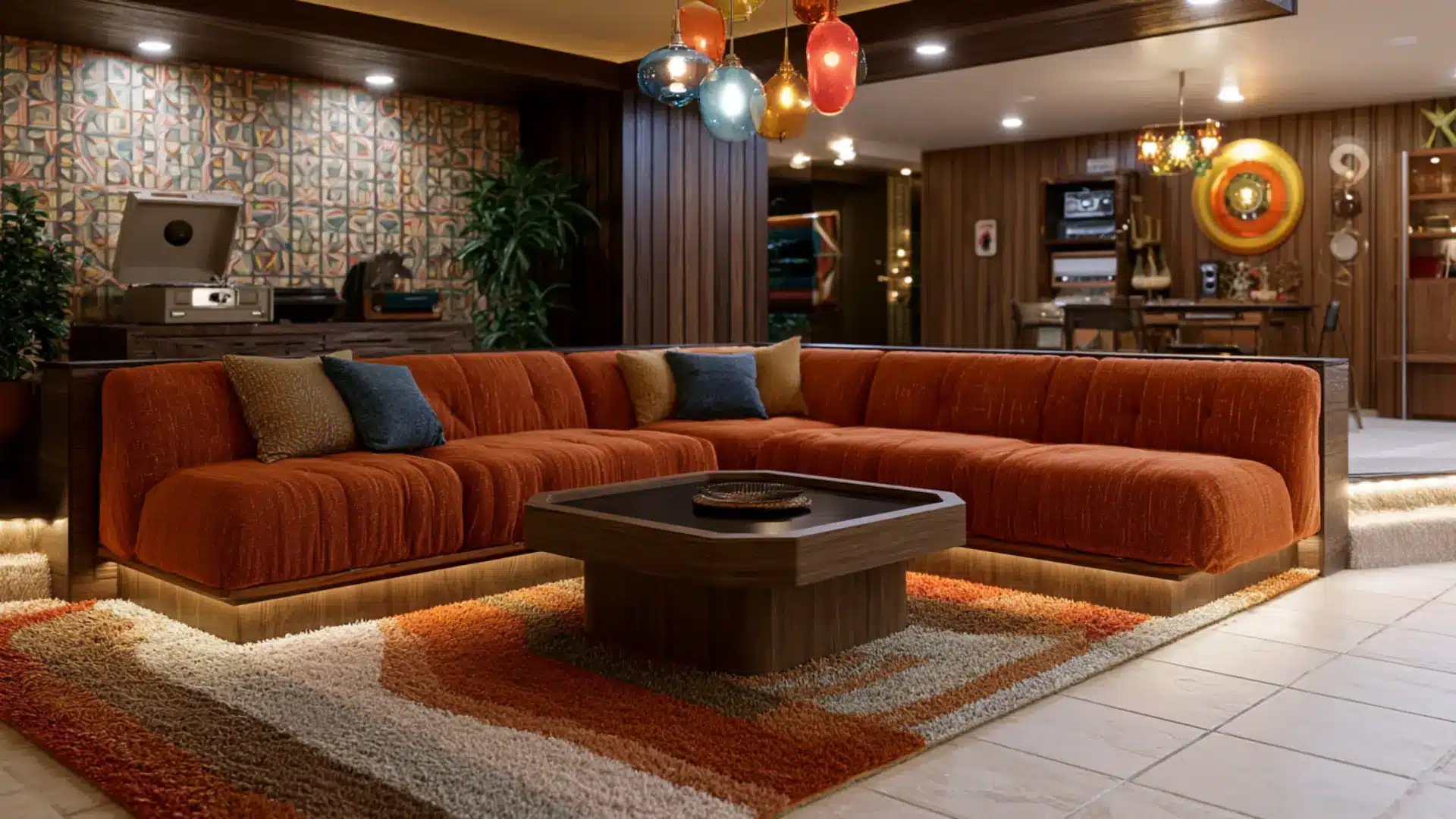 retro living room with burnt orange sectional sofa colorful pendant lights shag rug and wood paneling
