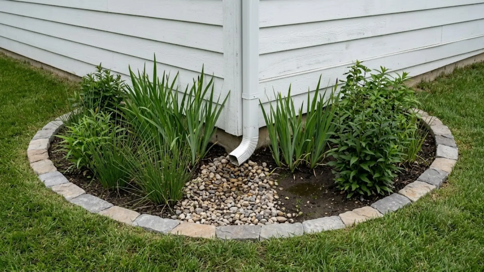 rain garden with smooth river rocks lining basin edges and cardinal flower growing between boulders