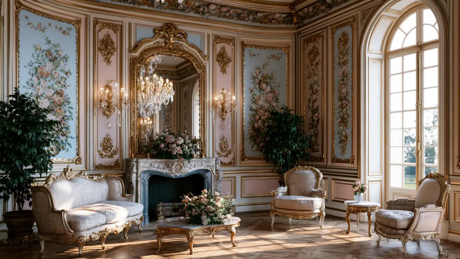 rococo salon with gilded furniture floral painted panels marble fireplace ornate mirror and crystal sconces