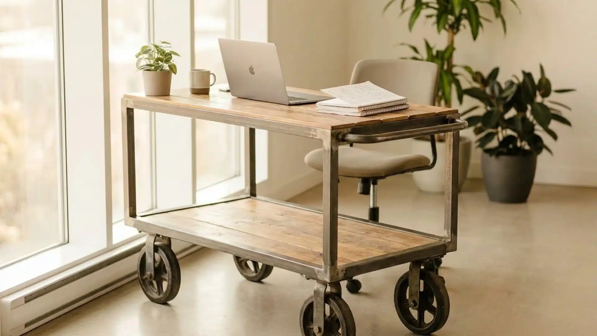 laptop on a cart positioned in front of a large window allowing natural light to illuminate the workspace