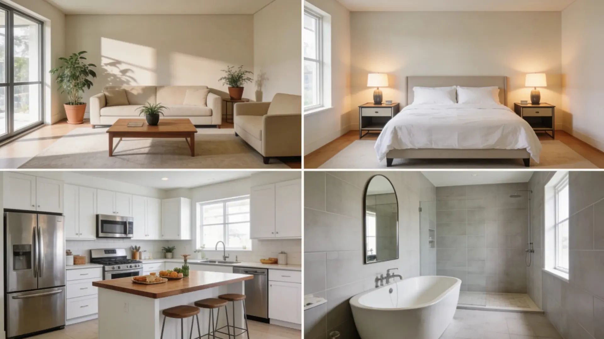 living room bedroom kitchen and bathroom styled minimally with neutral tones and natural light