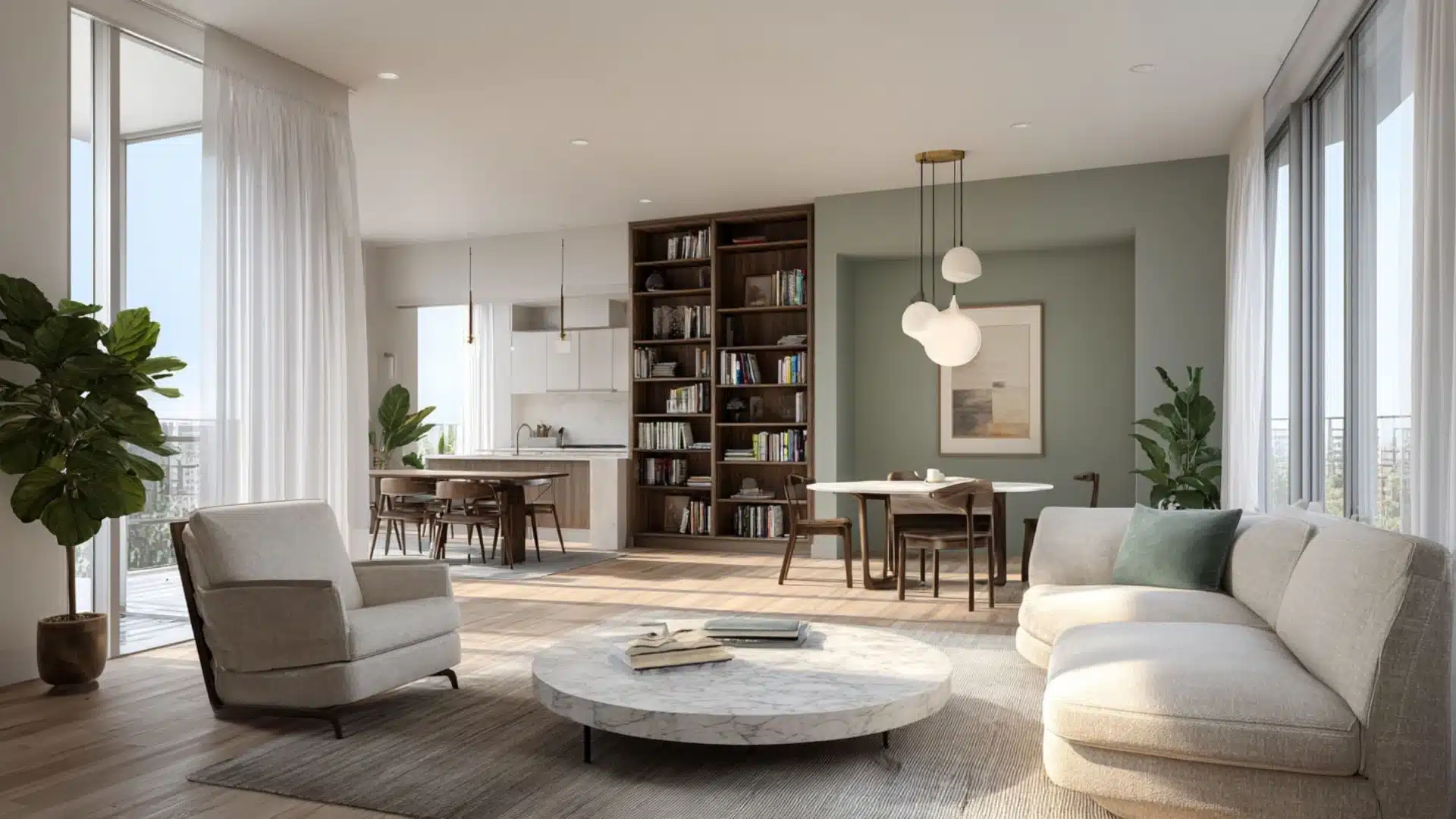 room layout ideas in an open plan living space with defined zones, a bookshelf divider, and natural light