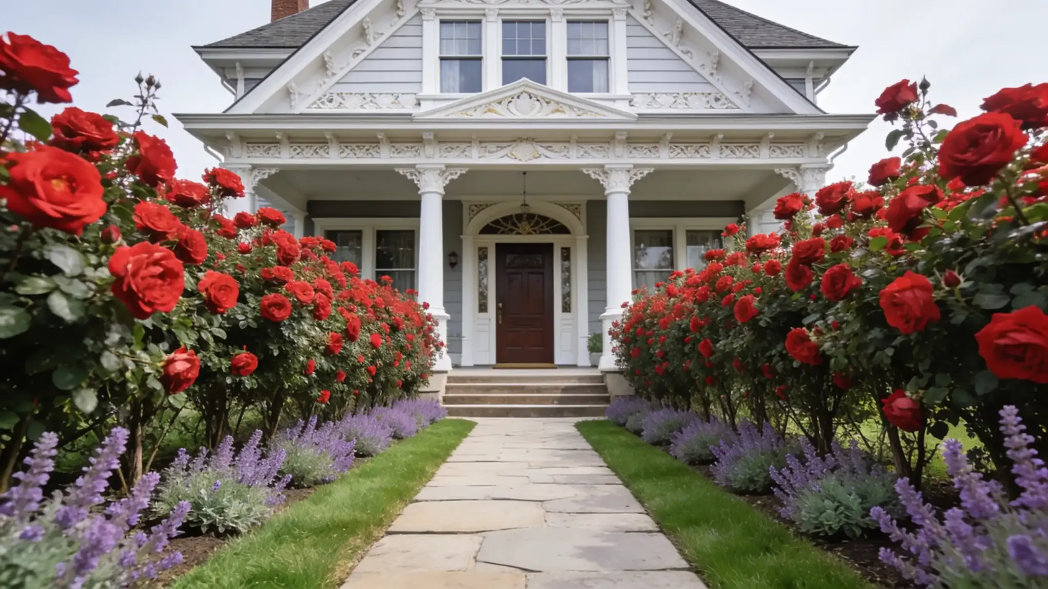 rose hedged entry bed with knock out roses and catmint lining a front path of a victorian home