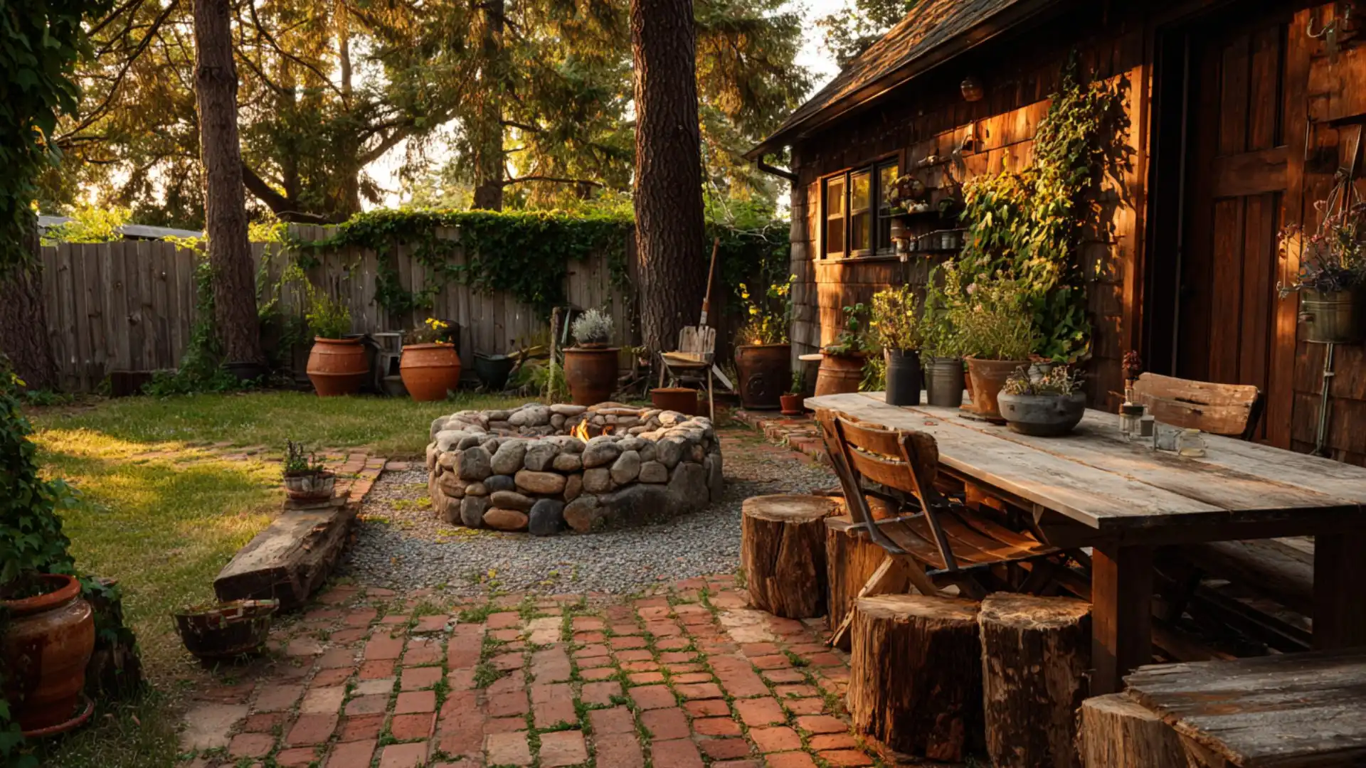 backyard scene featuring a fire pit surrounded by wooden tables and chairs under a clear blue sky